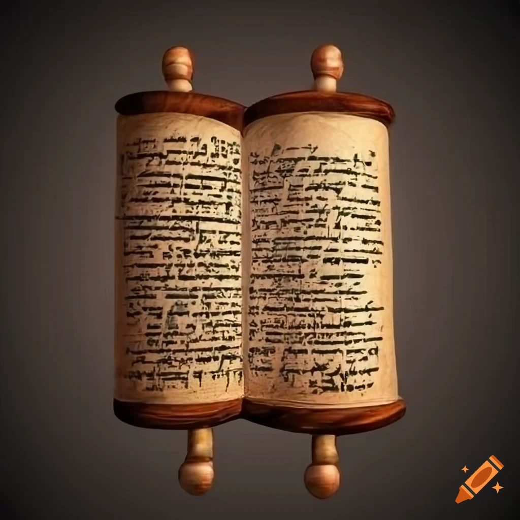 Traditional Jewish Torah scroll with Hebrew text revealed and wooden handles