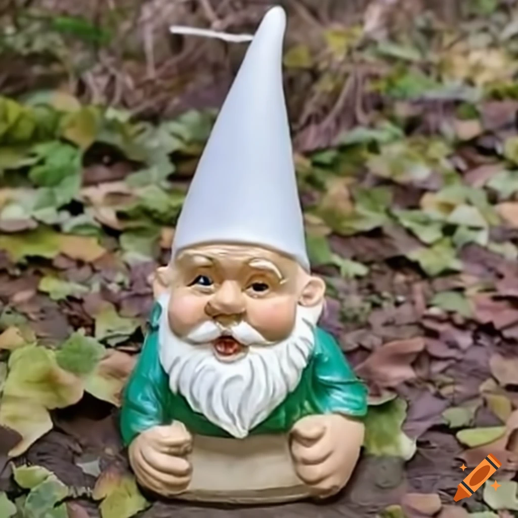 Garden gnome with a pointy white hat in a whimsical garden setting