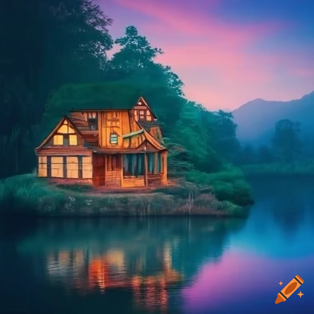 Riverside tree and house in a beautiful scenic view