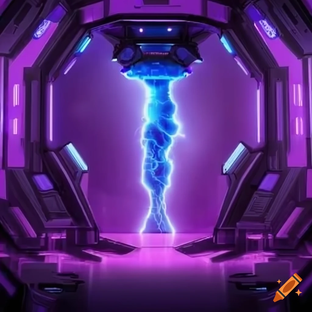 Purple futuristic studio for trivia game with blue lightning in space