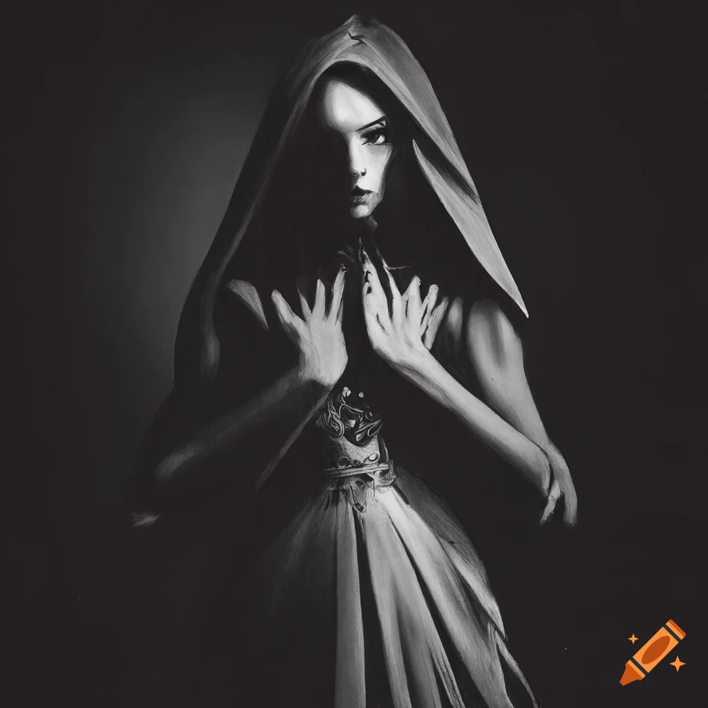 Dark fantasy book cover art featuring a detailed drawing of a sorcerer woman in dungeons and dragons style from 1970