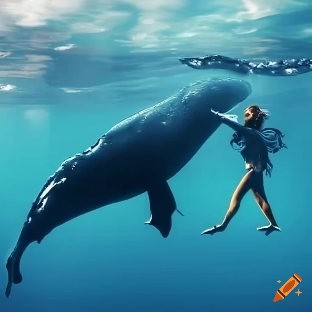 Humpback whale shaking hands with a woman