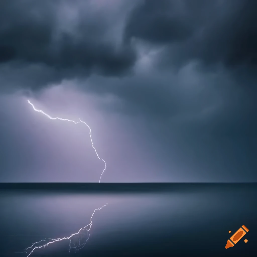 Stormy sea shore under dark clouds and thunderstorm