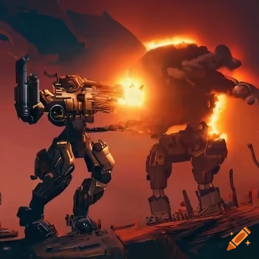 Mech showdown on a fiery planet with explosion and energy beam