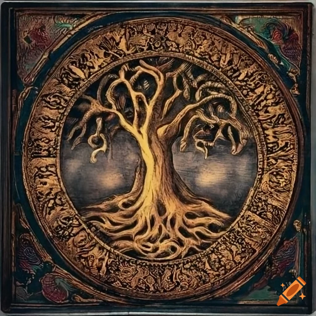 Antique style etching of a mystical tree of life