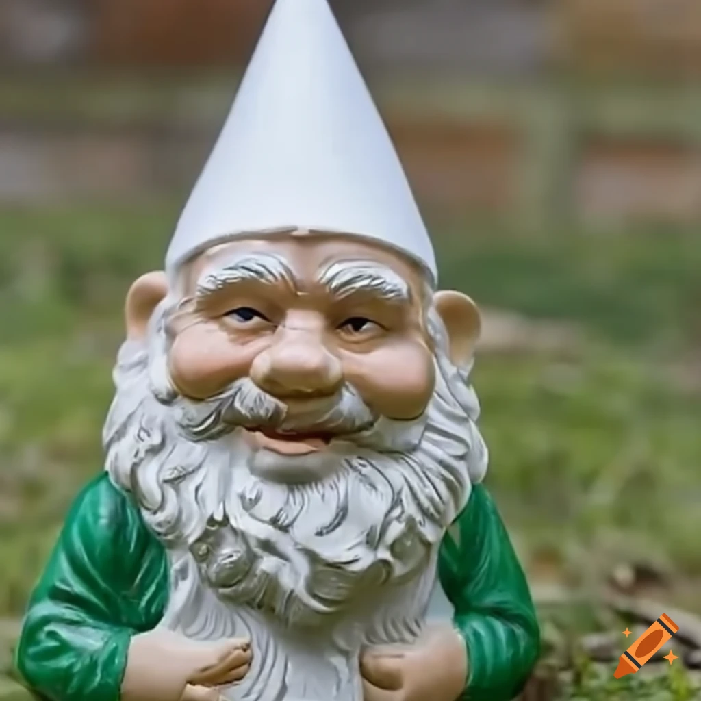 Garden gnome with a pointy white hat in a whimsical garden setting