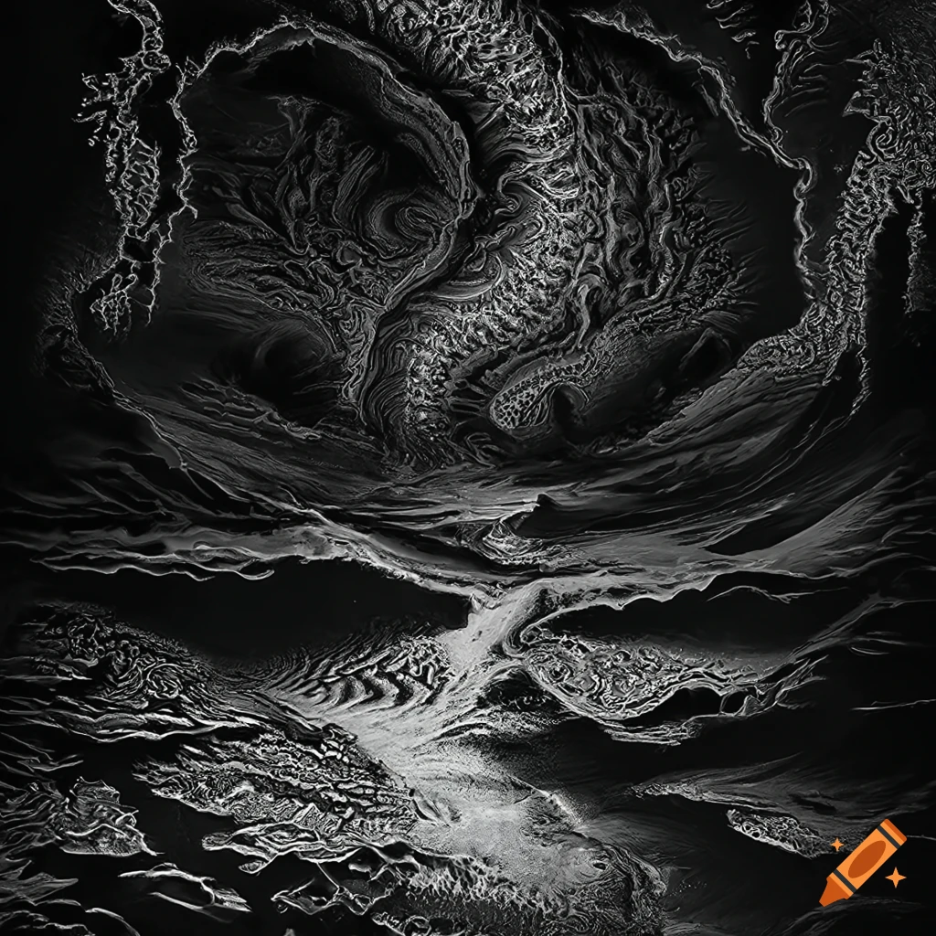 Detailed black and white etching of an alien landscape with a massive canyon and crystalline structures