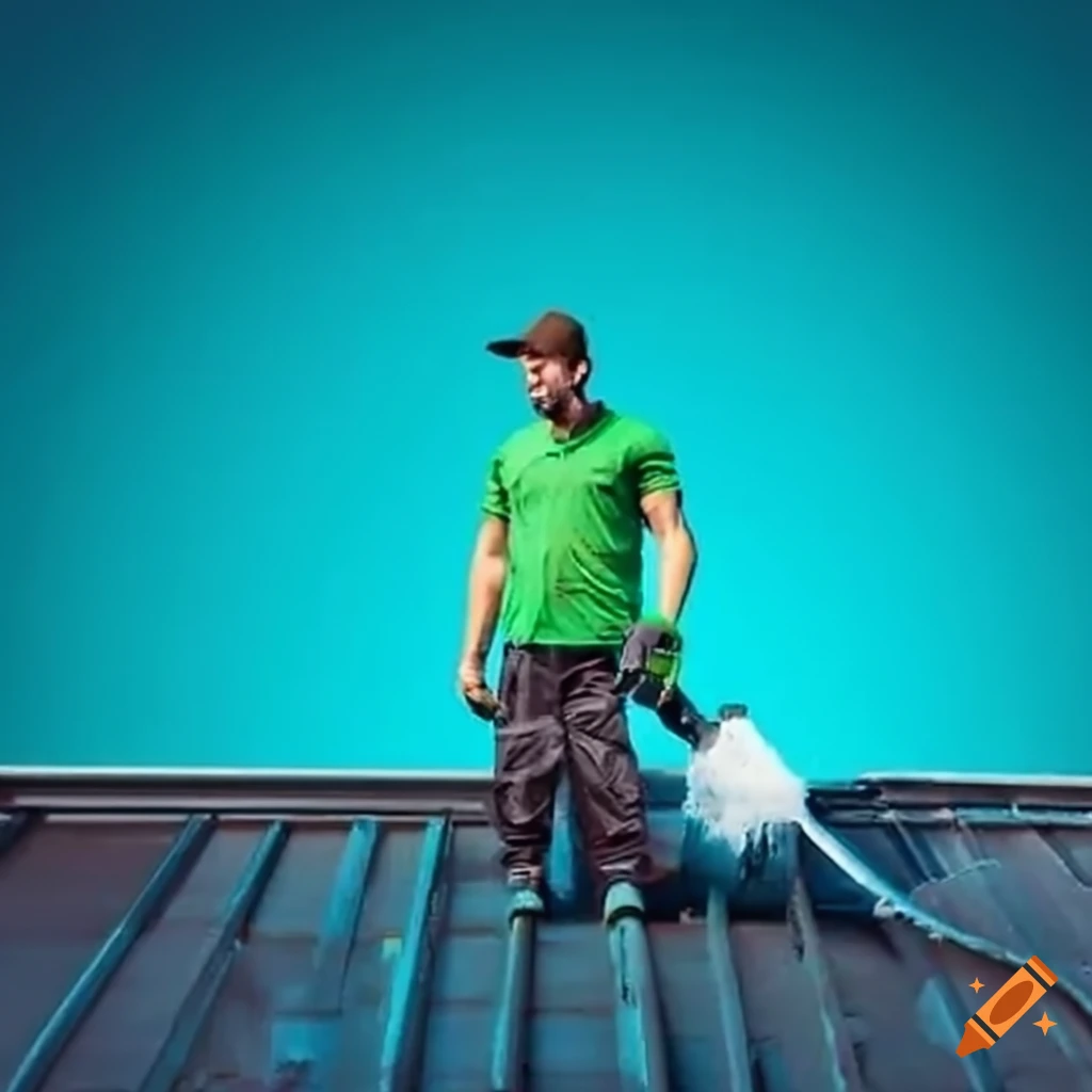 Man pressure washing a garage roof with green shirt and blue cargos