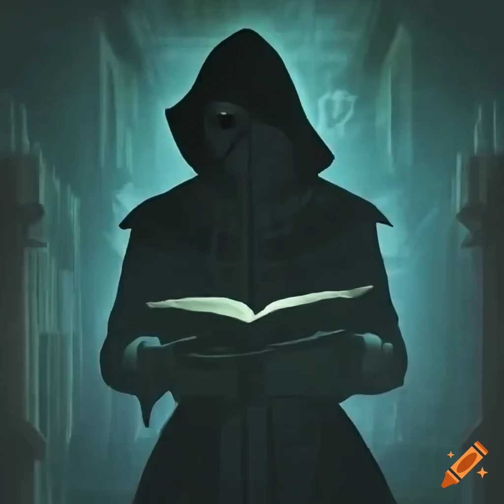 Hooded silhouette studying ancient grimoires in a fantasy library by candlelight