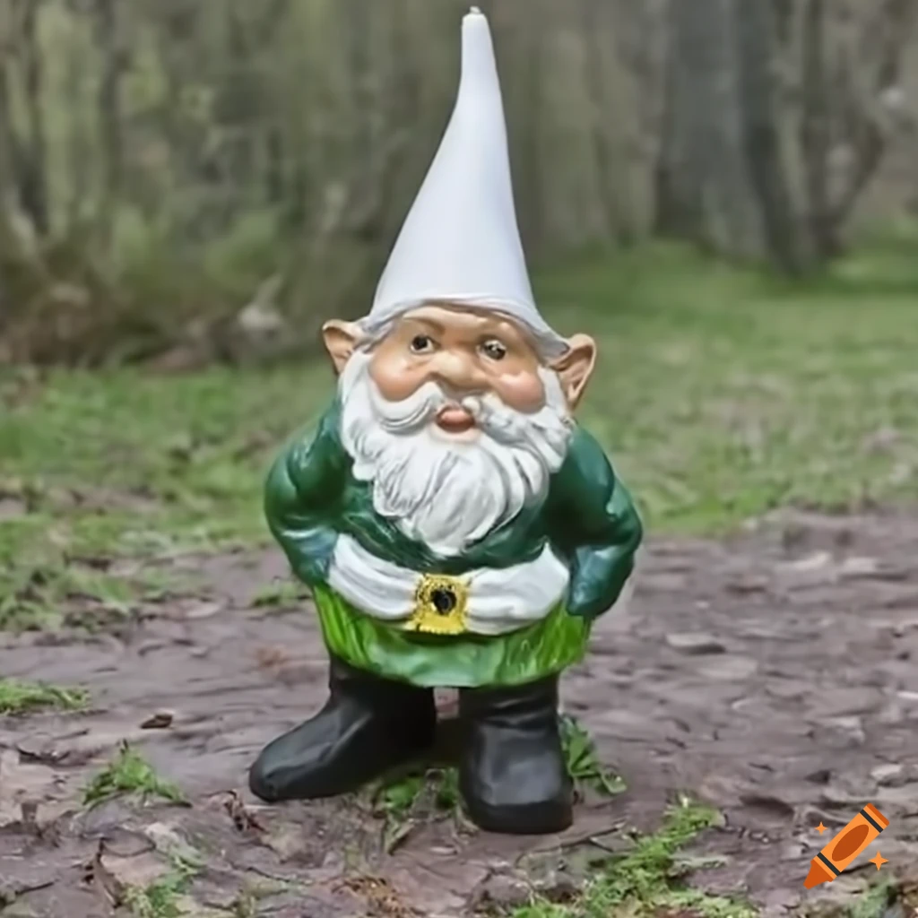 Garden gnome with a pointy white hat in a whimsical garden setting