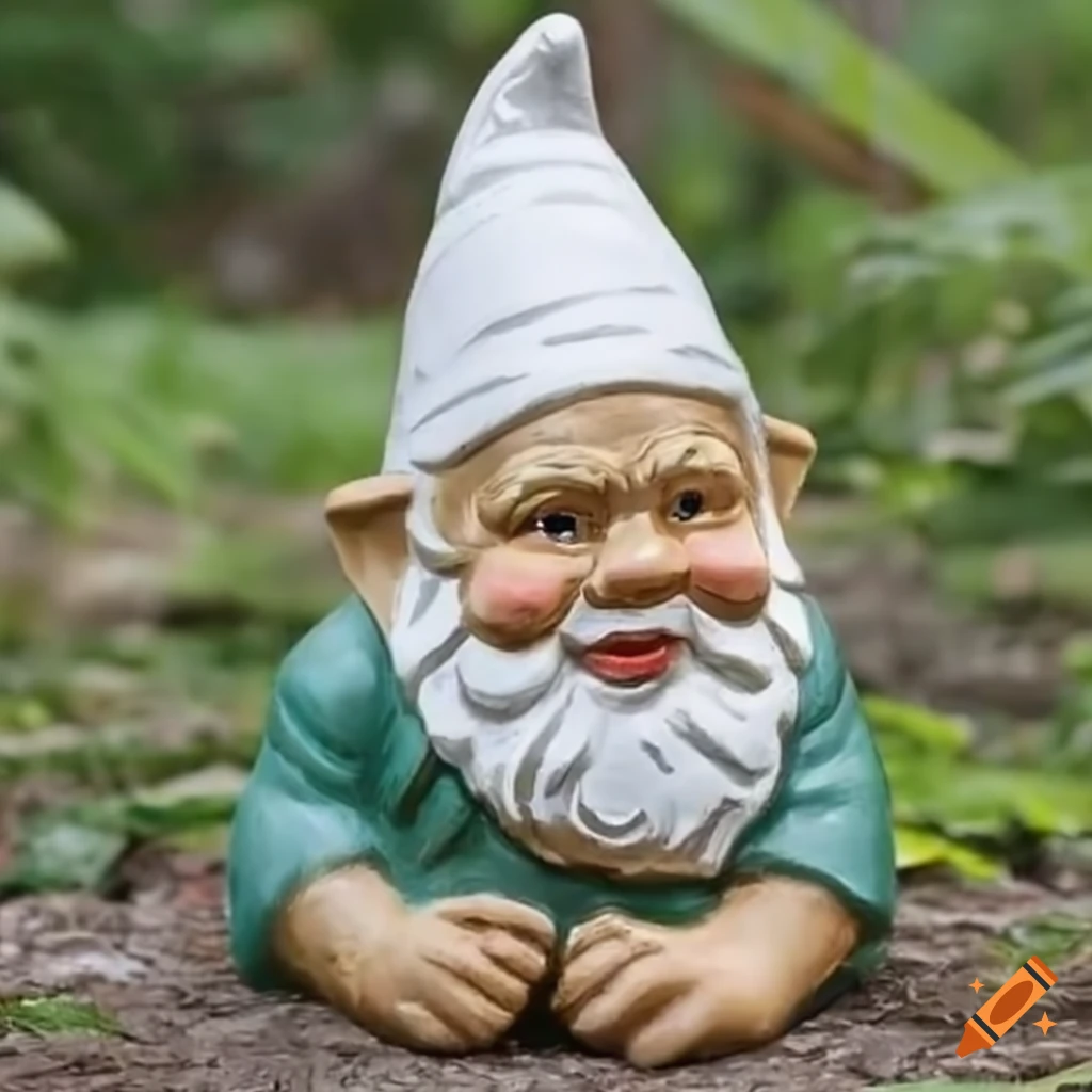 Garden gnome wearing a pointy white hat in a garden setting