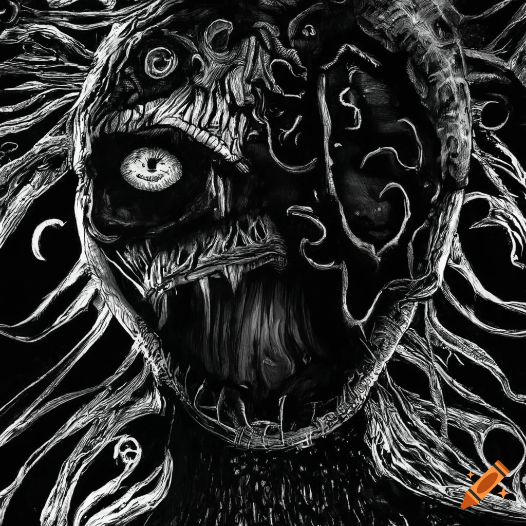 Intricate black and white ink drawing of a terrified ghost