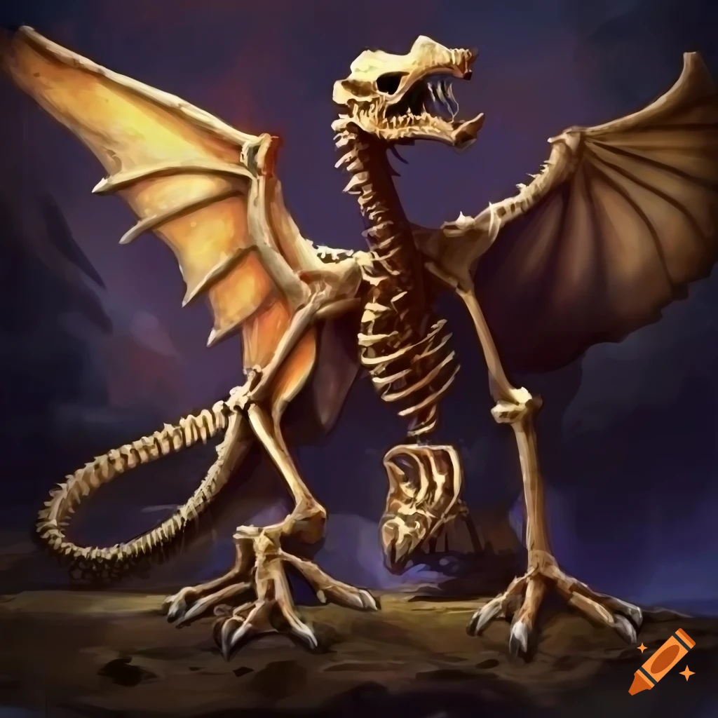 Wyvern skeleton in an Inca tomb in a fantasy setting