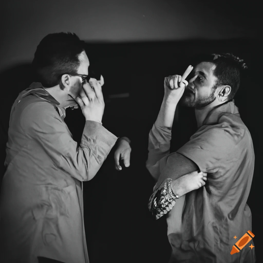 Two men performing improv comedy on stage