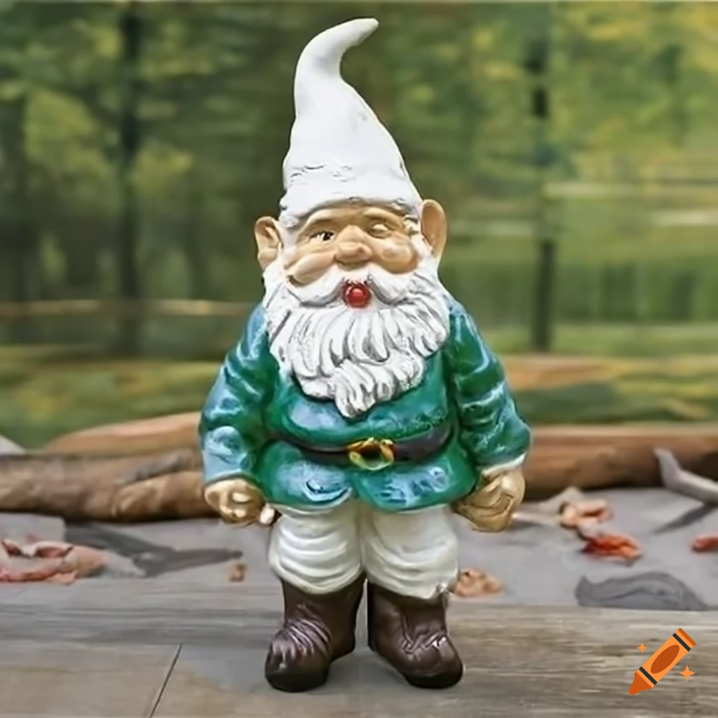 Garden gnome with a pointy white hood in a European setting