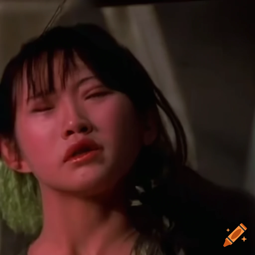 Defeated Chinese female martial artist with expressive facial closeup