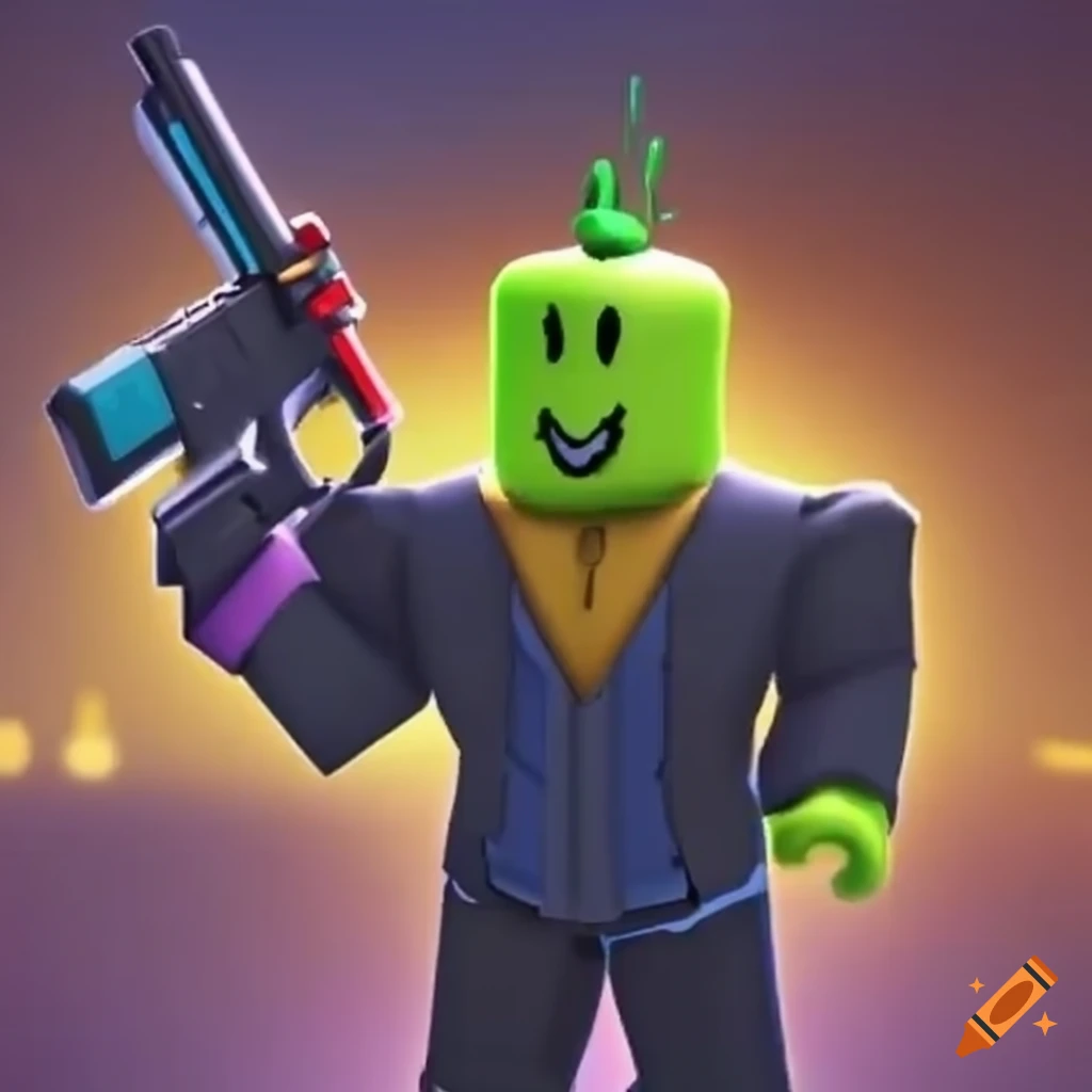 Roblox noob picking up a gun and shooting another player on Craiyon