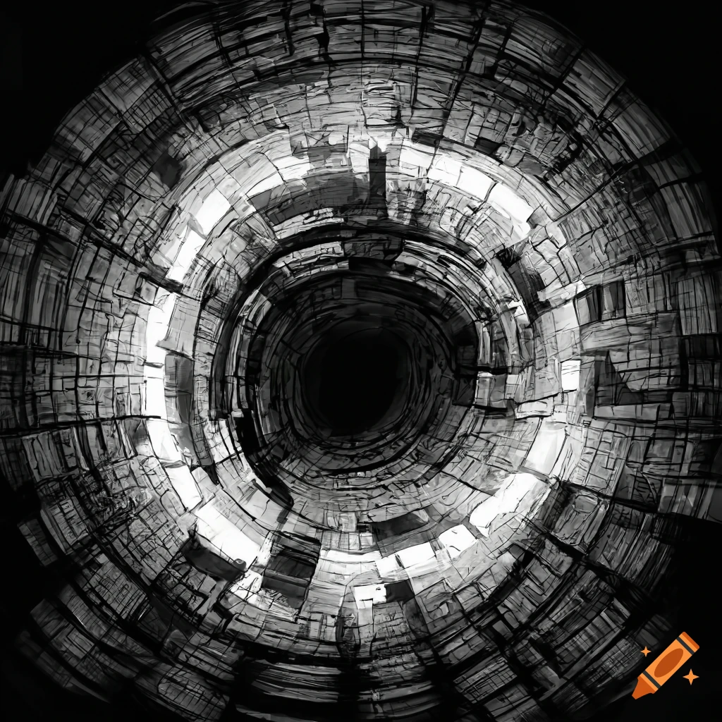 Architecture with geometric shapes in black and white digital painting