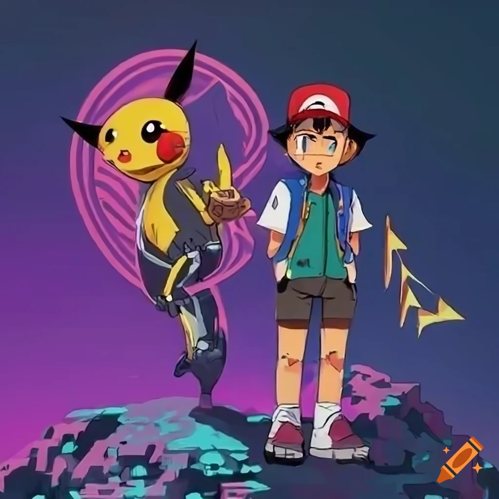 Retro-futuristic Pikachu and Ash as cyborg duo in anime art style