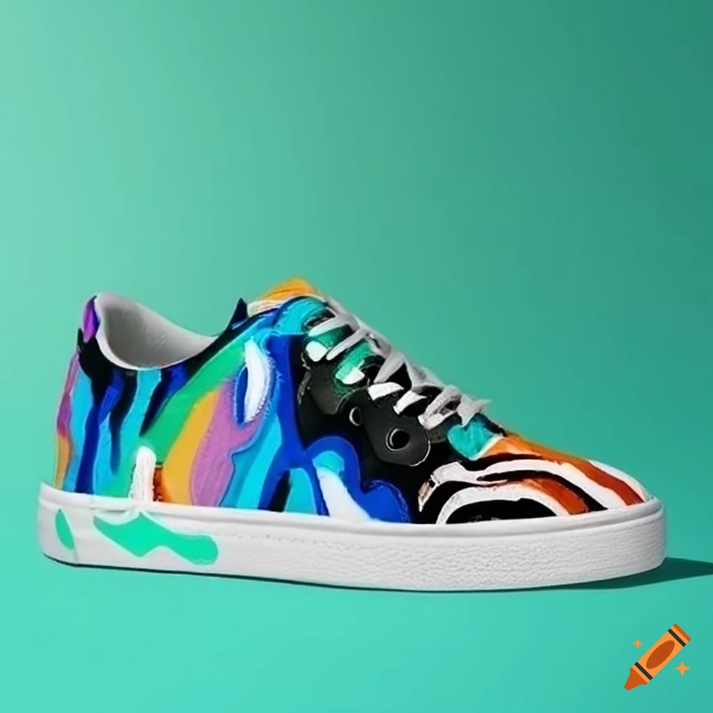 Custom white sneakers with blue and green random colored patterns