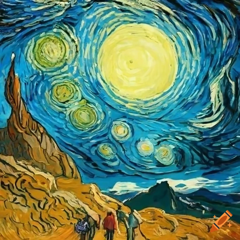 Three mountain hikers encountering a flying saucer in a drizzly sky in Vincent Van Gogh style