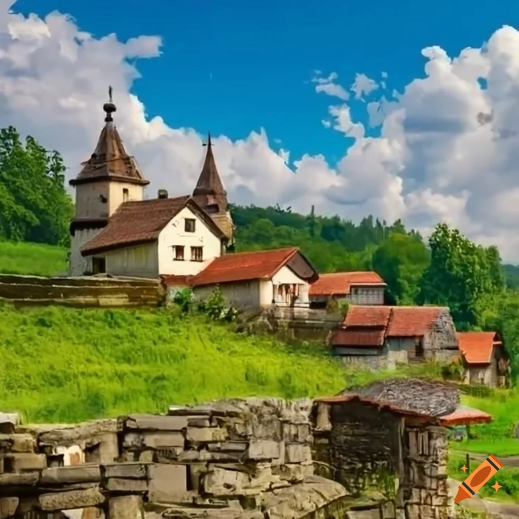 Scenery of a picturesque rural village with traditional architecture