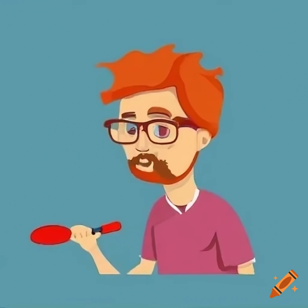 Man with orange hair and beard playing table tennis
