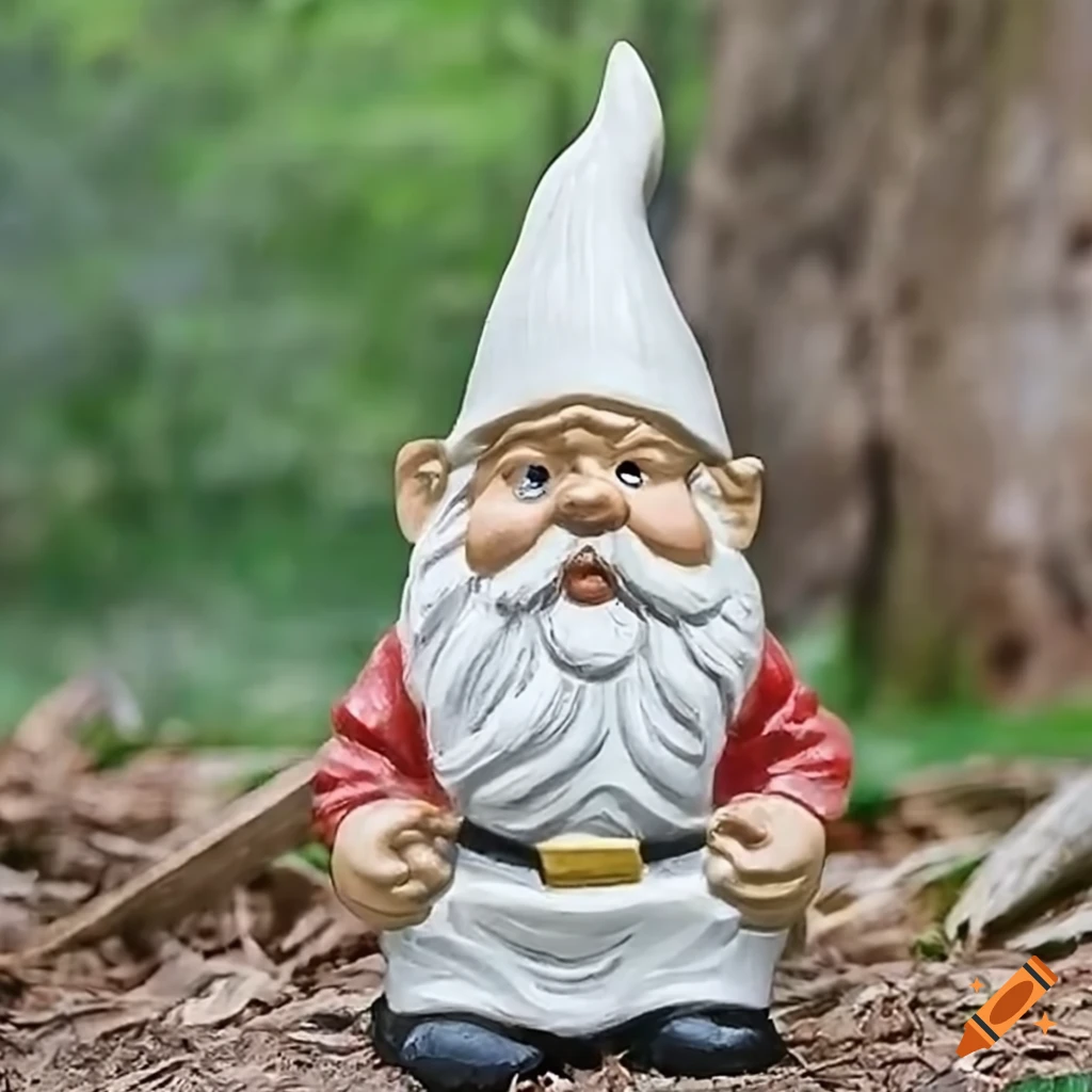 Garden gnome in a pointy white hood in a European setting