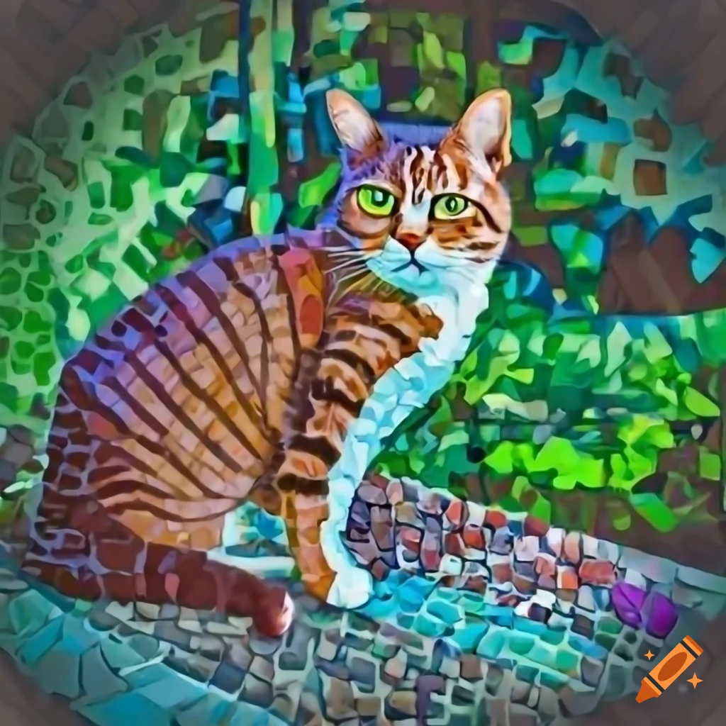 Mosaic style image of a colorful cat in a garden