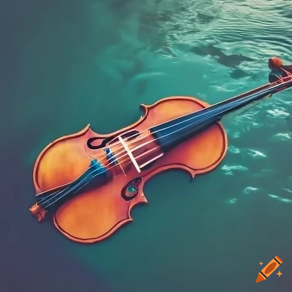 Aerial view of a gigantic violin in a lake