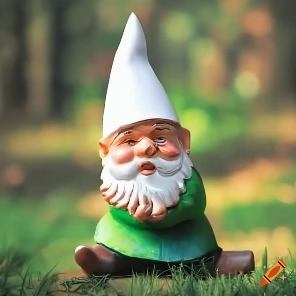 Garden gnome with a pointy white hat in a whimsical garden setting