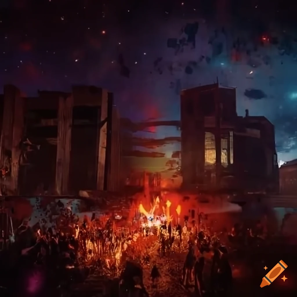 Drone view of an abandoned festival with DJ playing music at night