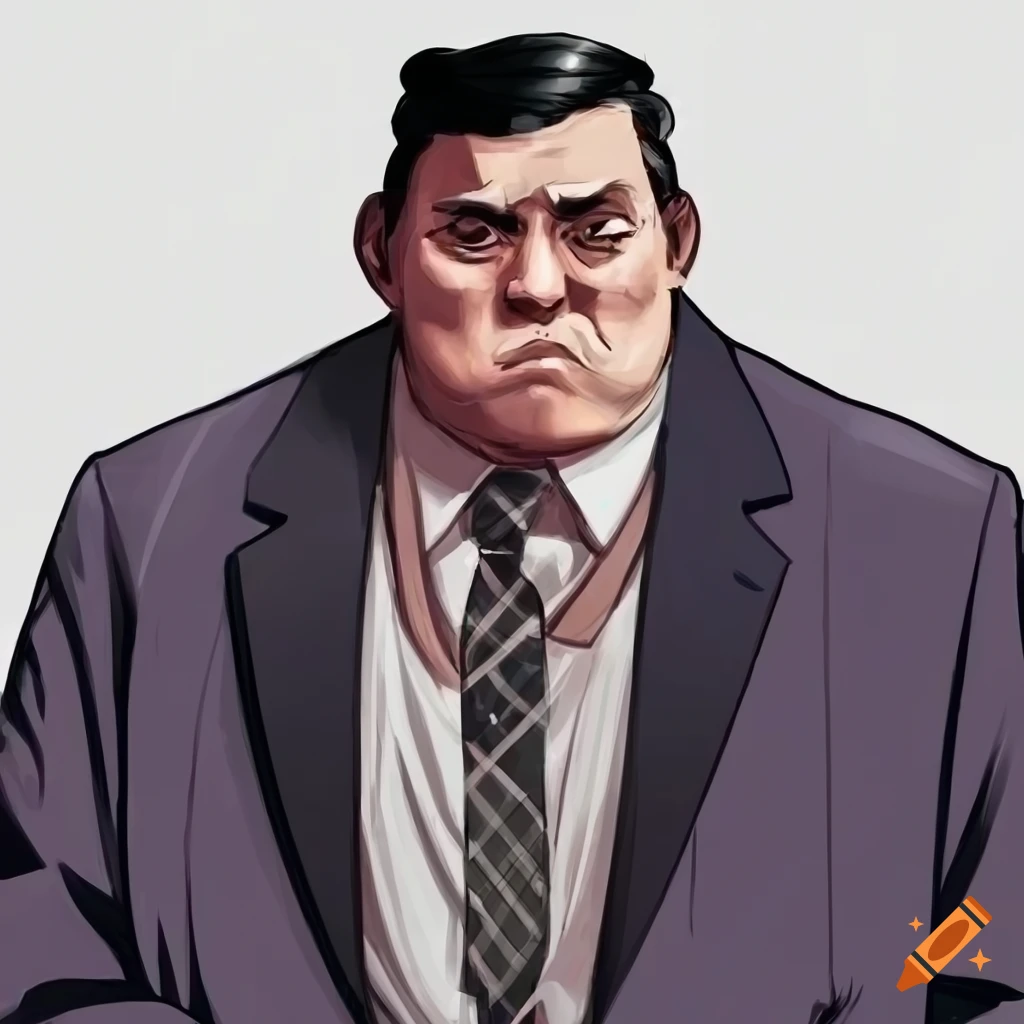Elderly overweight capitalist businessman with black hair, goatie, suit and tie in a graphic novel style