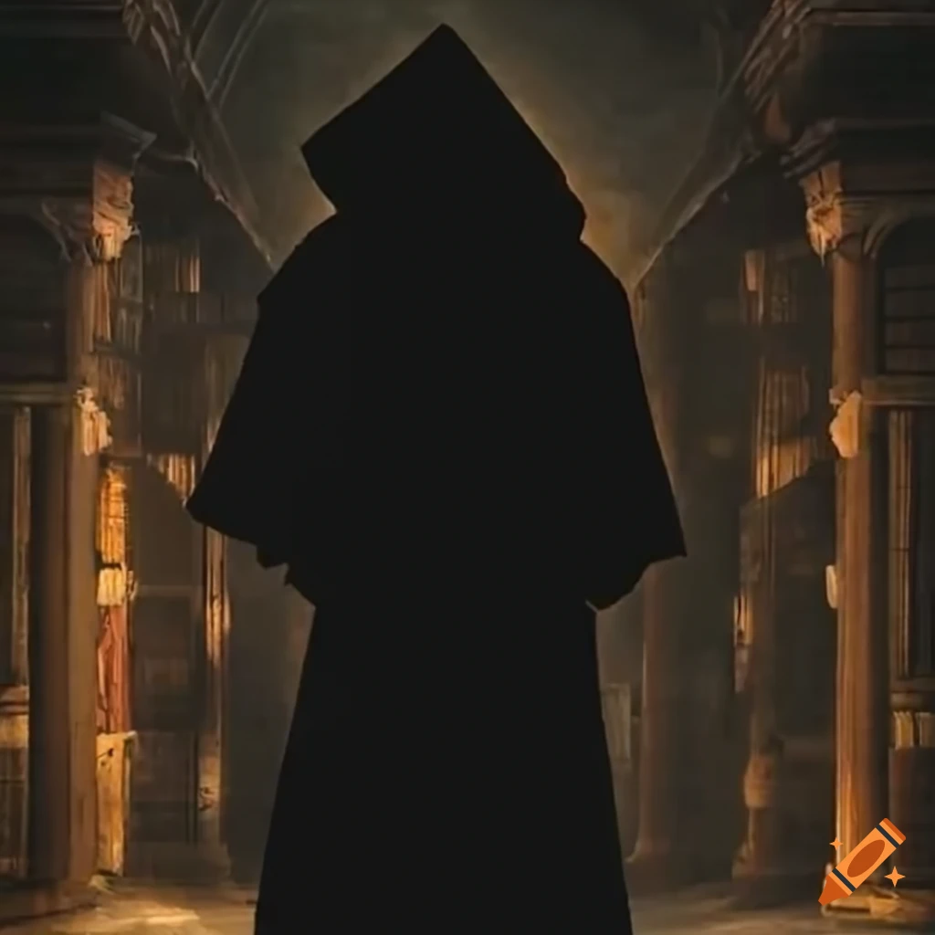 Silhouette of hooded monk reading magical grimoire in ancient library