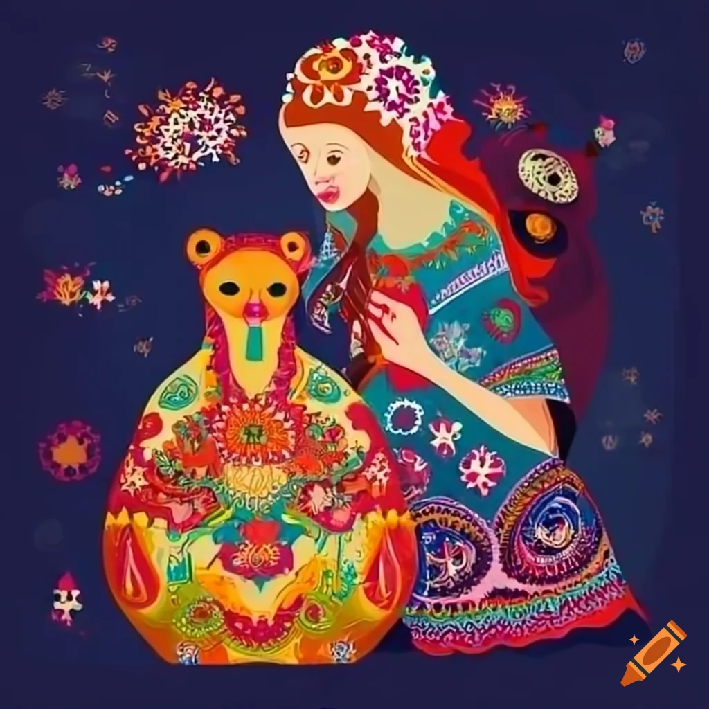 Woman and bear playing musical instruments in Russian folk art style