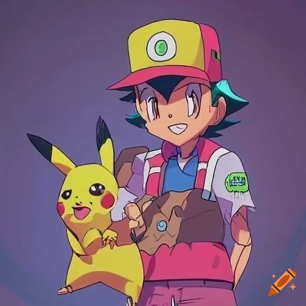 Retro-futuristic Pikachu and Ash as cyborg duo in anime art style