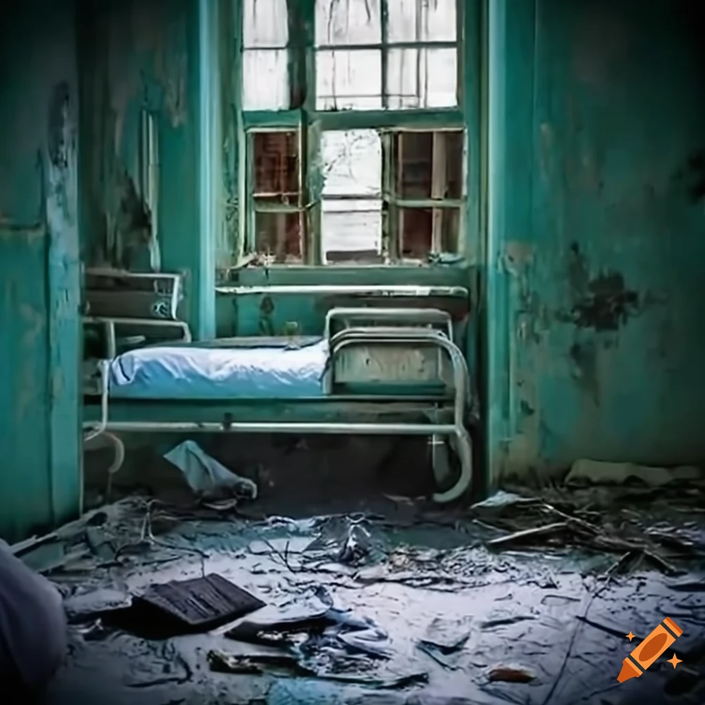 Janitor cleaning abandoned hospital with surgical beds and toilets from the 1940s