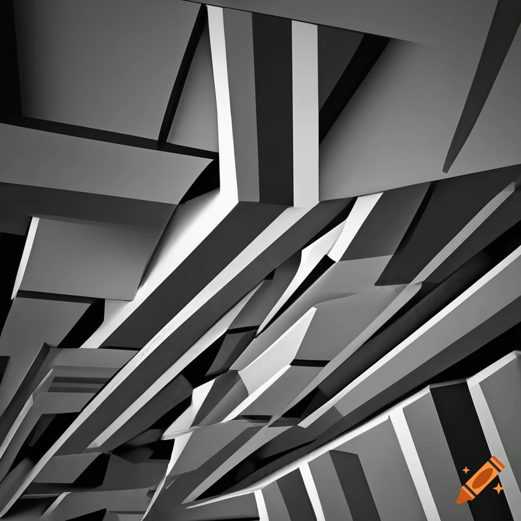 Penrose triangles optical illusion in surreal white, black and white architecture with geometric shapes