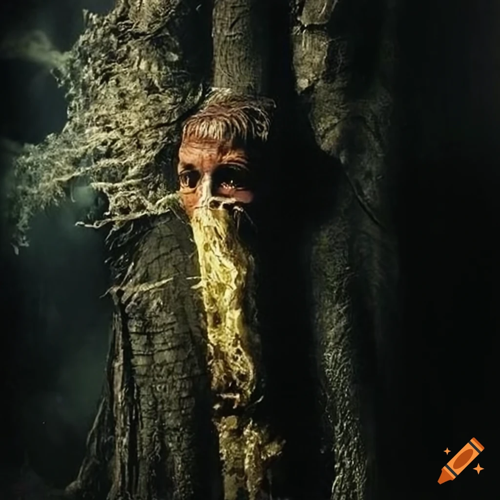 Vintage movie still of a wise elderly woman smoking a seaweed pipe on a tree trunk with a yellow jeep and parachute in water