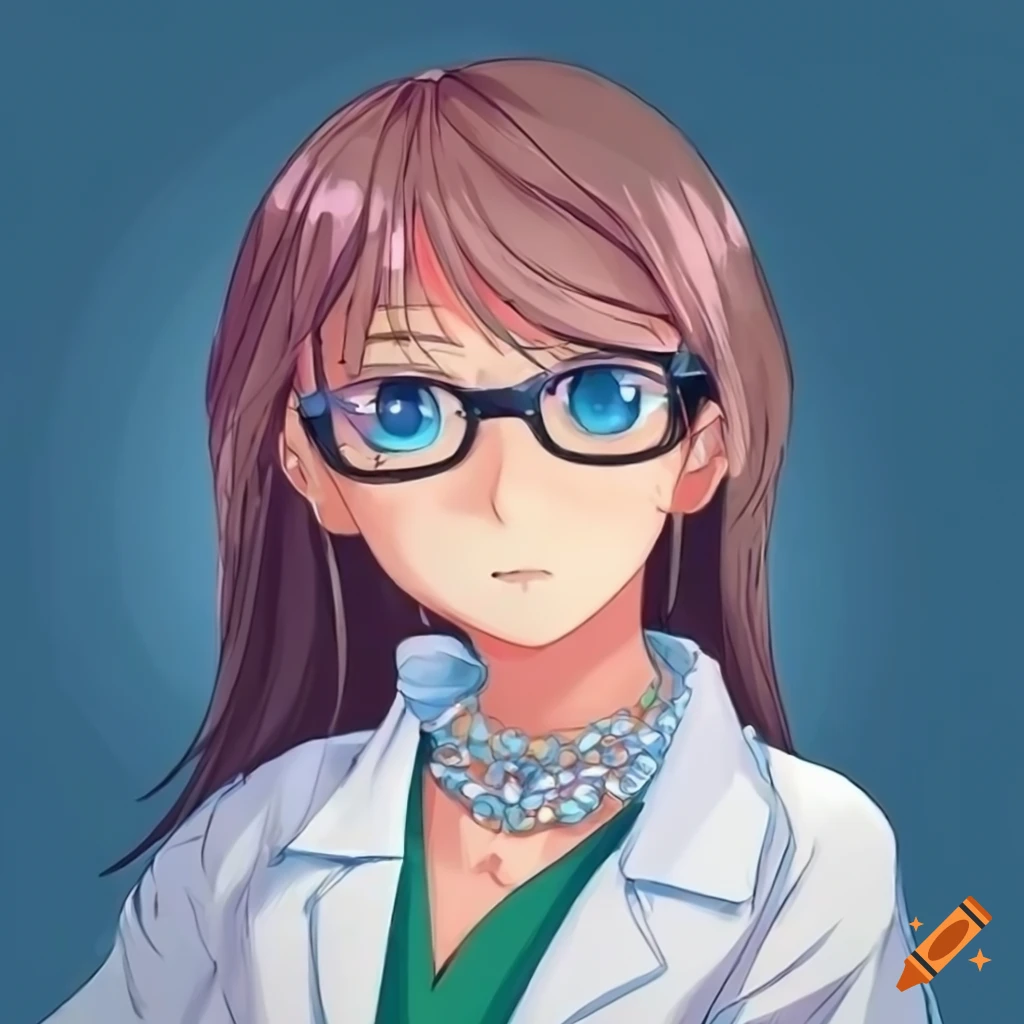 Cute anime asian scientist with blue eyes