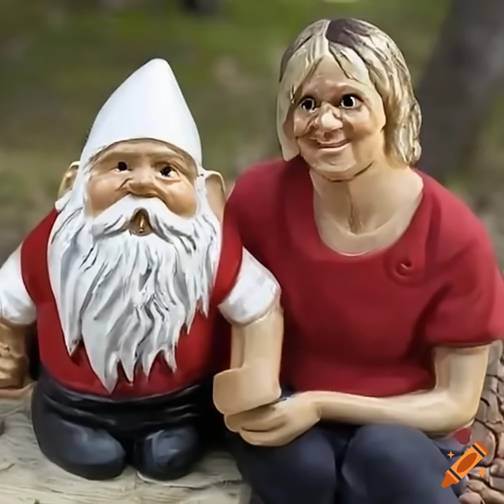 Garden gnome with a pointy white hat in a whimsical setting