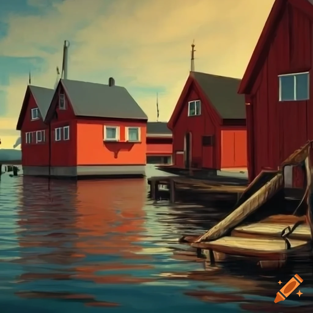 Colorful wood houses on water with a fishing village vibe in Stalenhag style