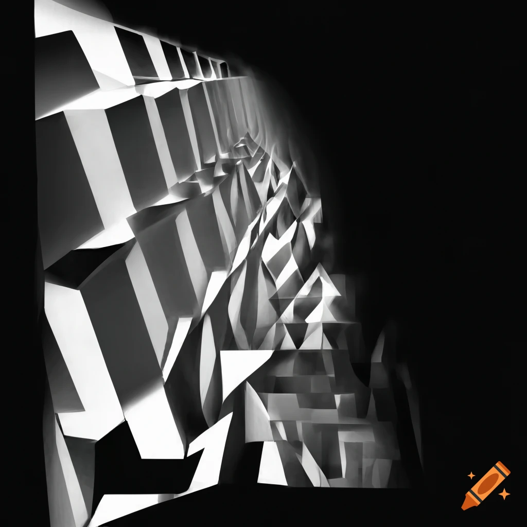 Penrose triangles optical illusion in surreal white, black and white architecture with geometric shapes
