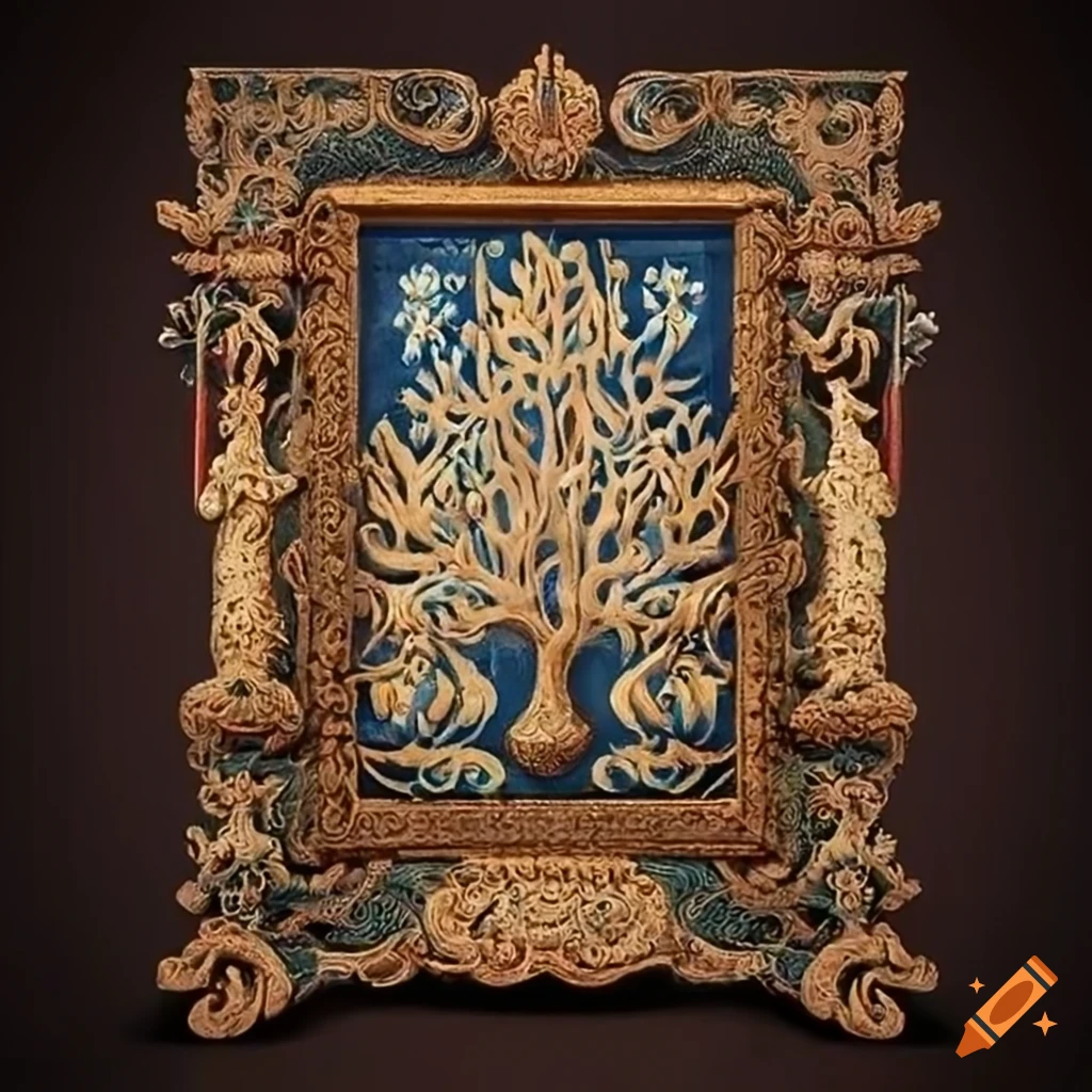 Intricately designed medieval tree of life tapestry frame