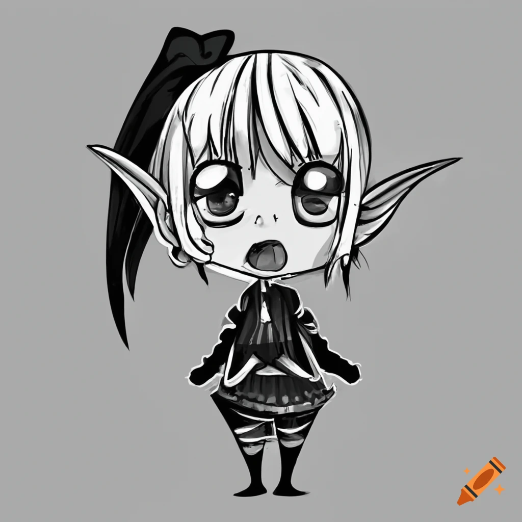 Cute giant nose girl goblin in black and white