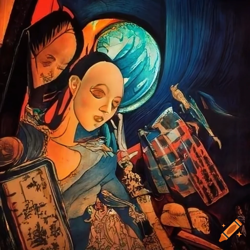Ukiyo-e woodblock print of an artist-magician sculpting in a funky sunlit setting