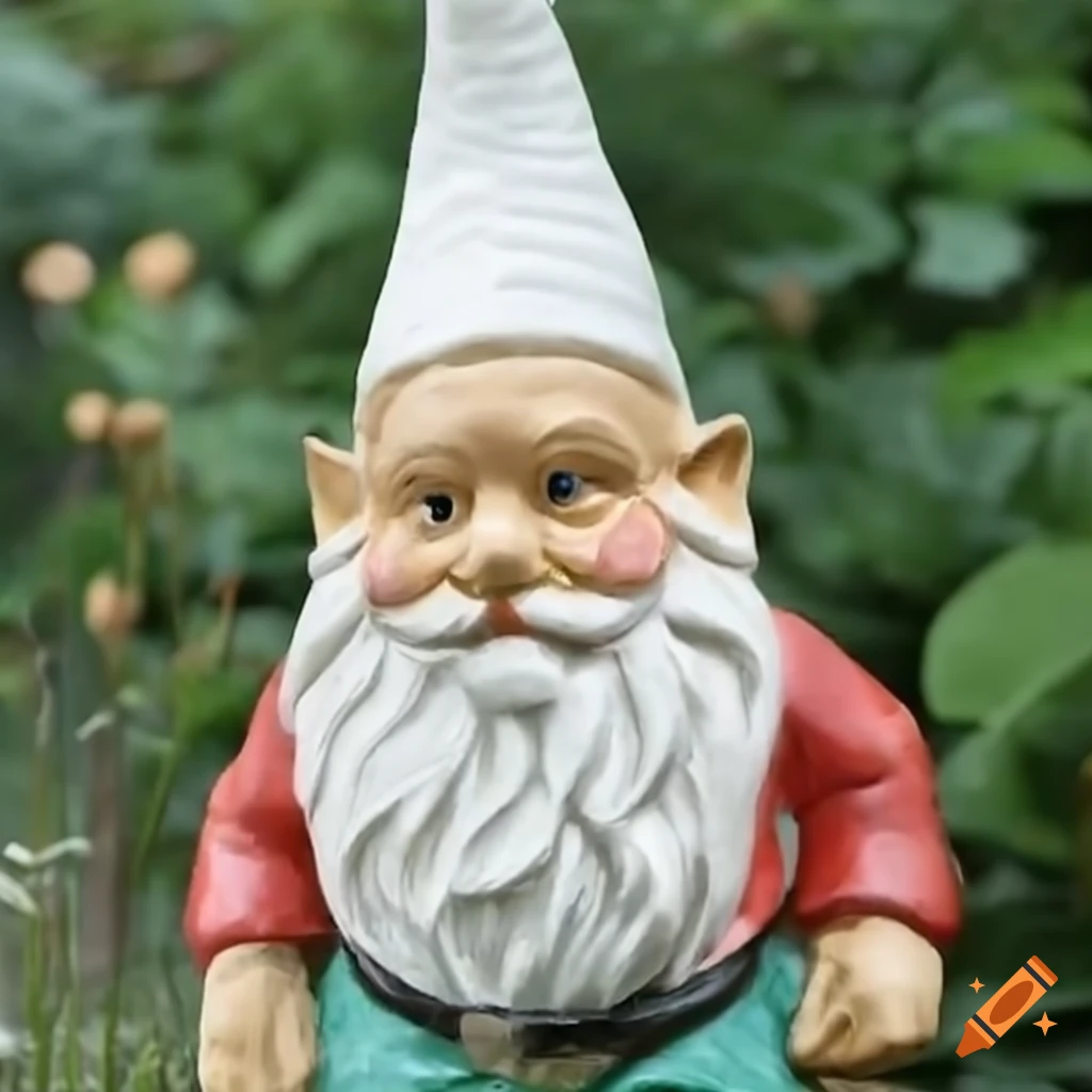 Garden gnome with pointy white hood in a whimsical garden setting