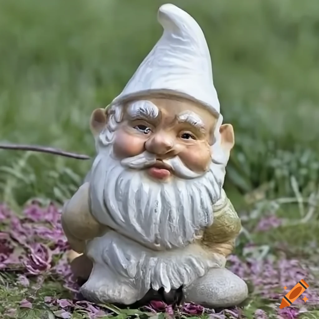 Garden gnome with pointy white hood in a European setting
