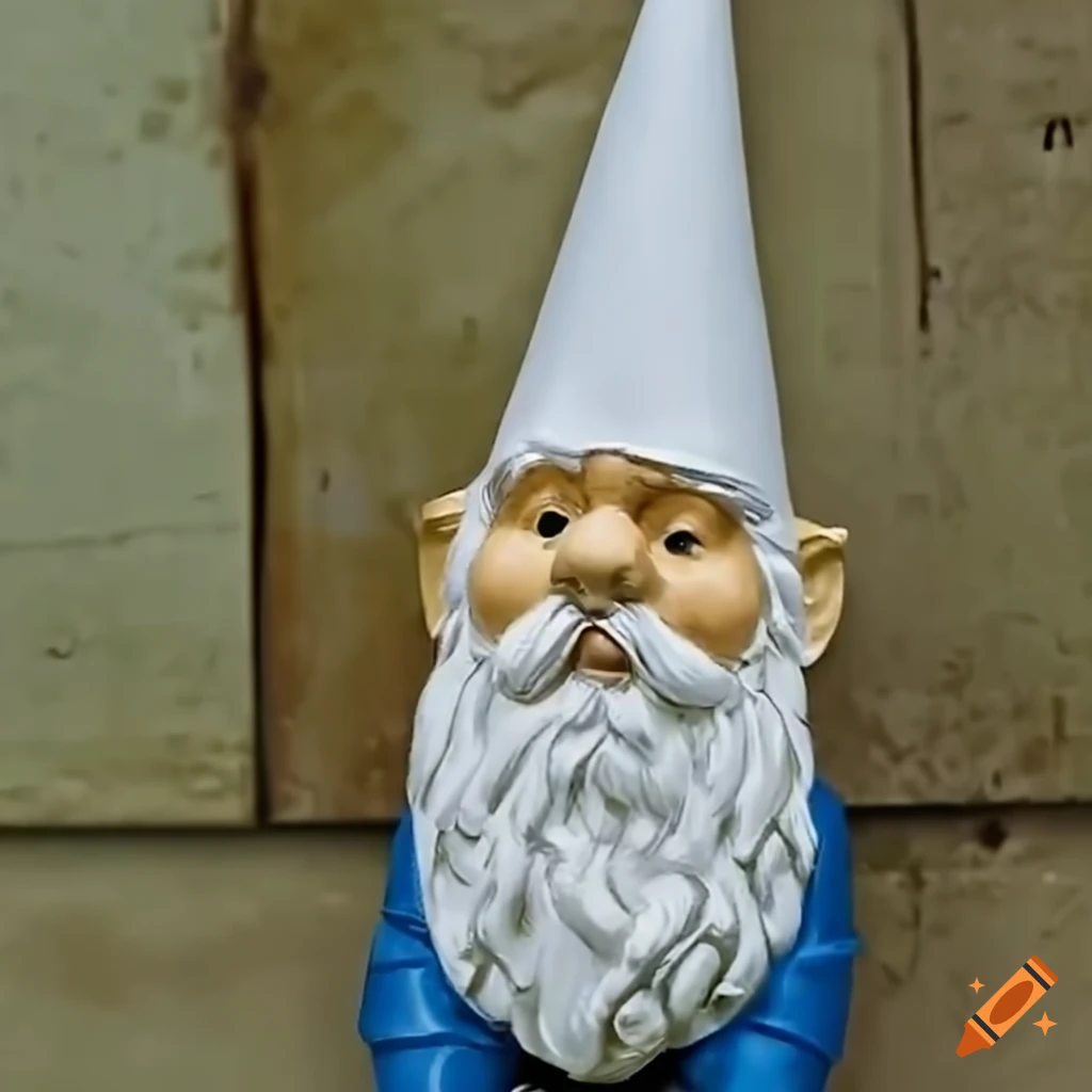 Garden gnome with a white pointy hat in a whimsical garden setting