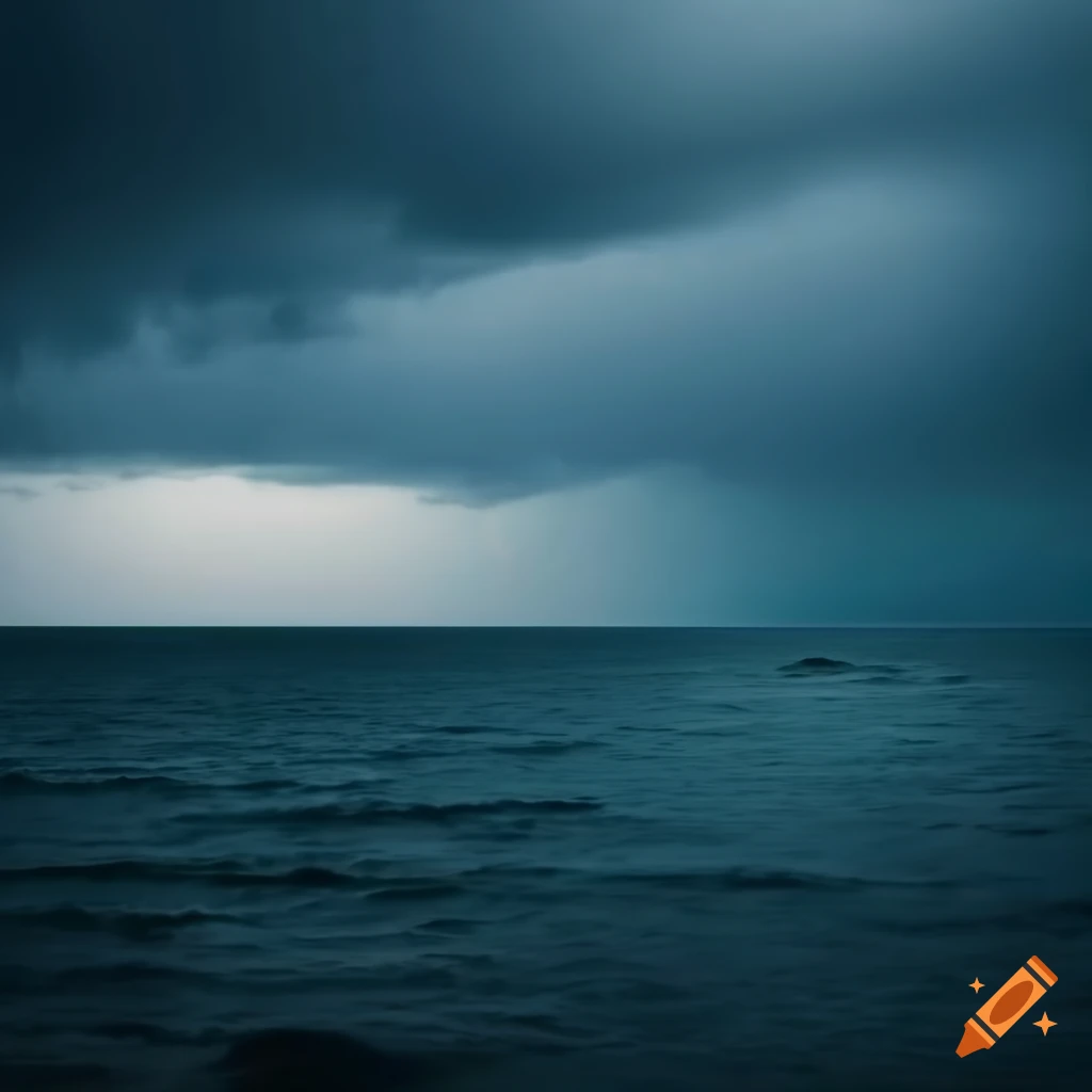 Stormy sea shore under dark clouds and thunderstorm